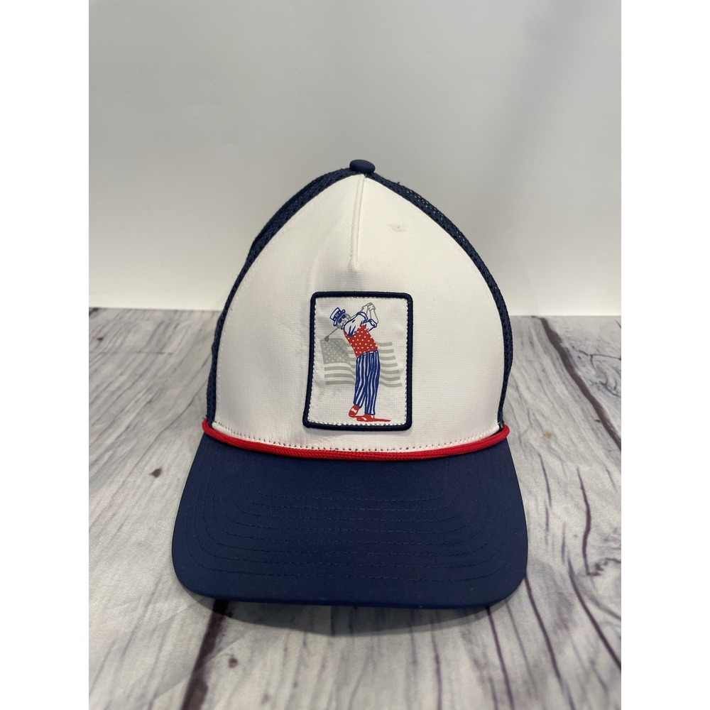 FootJoy Hat Cap Trucker One Size Mens Blue Mesh Adjustable Patriotic USA Flag